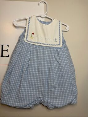 Luli & Me Light Blue Gingham Sailor Bib Romper